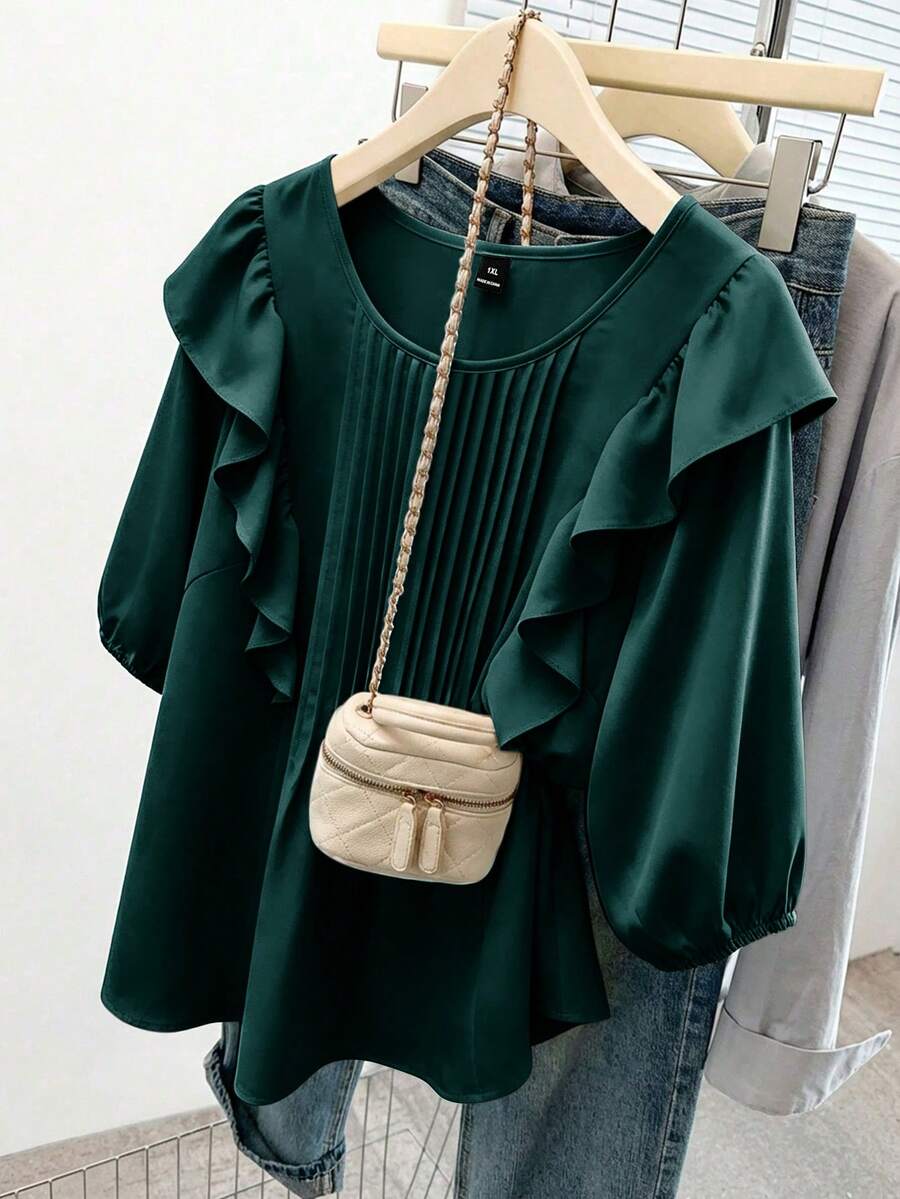 GlowEve CURVE Plus Size Women Solid Color Ruffle Hem Pleated Loose Blouse - Dark Green - View 1