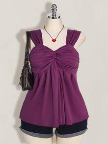 SHEIN ICON 大码女式黑色扭结前襟无袖娃娃衫针织上衣，Y2K风格，适合毕业季/返校季，可爱夏季上衣 - 紫色 - 查看 1