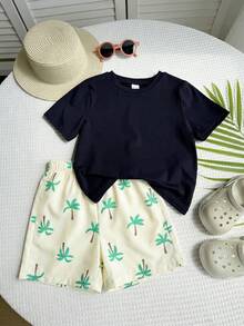 SHEIN Little Byeori 两件套儿童男童休闲日常度假百搭舒适纯色宽松圆领短袖针织T恤和宽松梭织短裤套装，适合学校、花园、海滩、生日、春季、夏季、秋季、冬季穿着。 - 彩色 - 查看 3