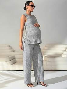 MaterniWear 孕妇休闲侧扣吊带背心和裤子两件套，方便哺乳，夏季 - 灰色 - 查看 8
