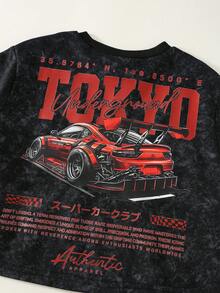 SHEIN 2件組小男孩休閒嘻哈賽車印花短袖T恤與棋盤格短褲套裝，夏季街頭風度假紅黑波點穿搭 - 黑色 - 查看 6