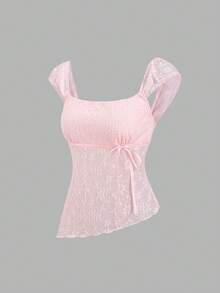 Sweetra French Elegant Sweet Pink Floral Lace Fabric Tie-Up Sleeveless Top,Gentle Style Versatile For Vacation Casual Work Tea Party Wear Summer - Pink - View 1