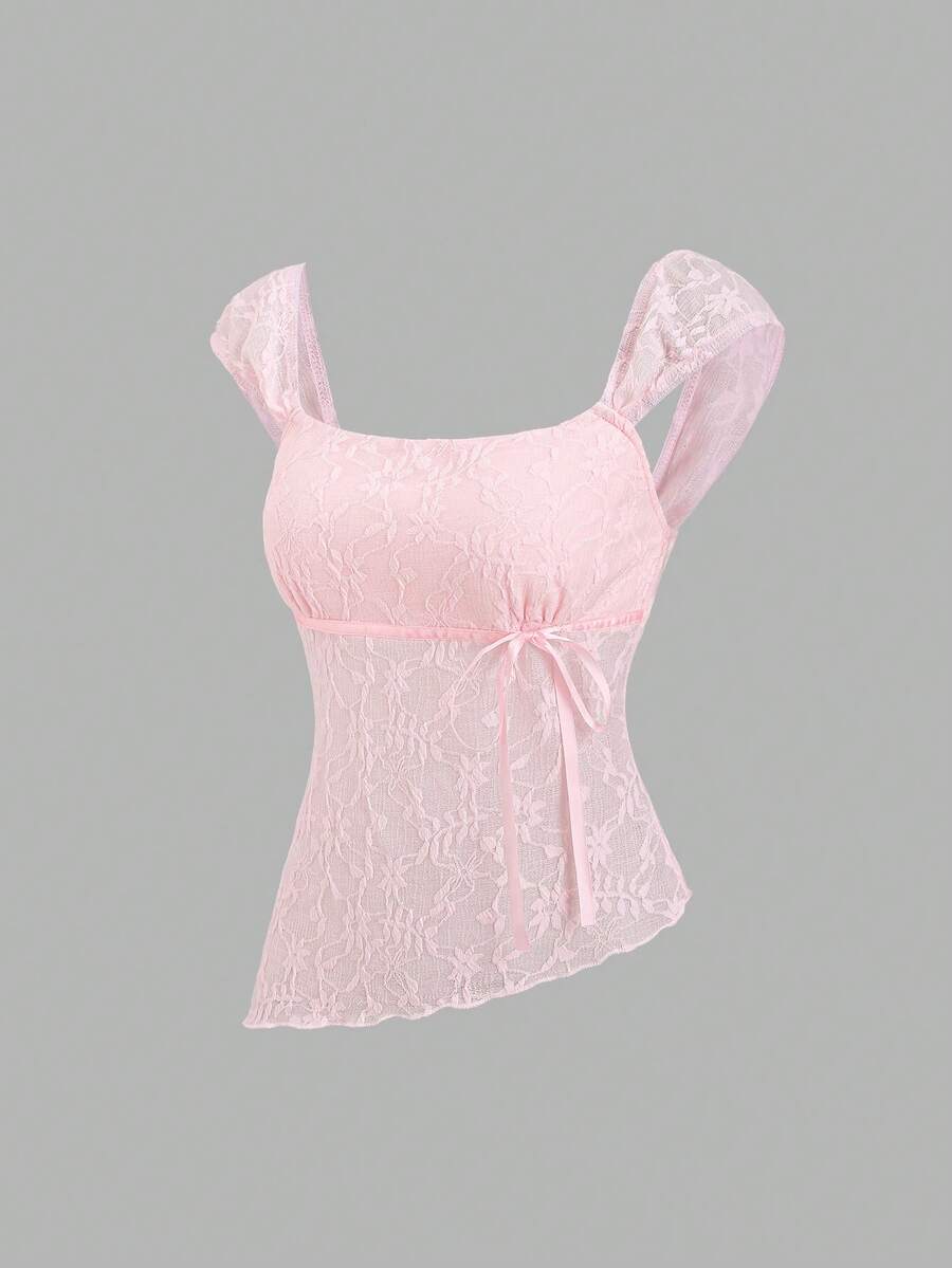 Sweetra French Elegant Sweet Pink Floral Lace Fabric Tie-Up Sleeveless Top,Gentle Style Versatile For Vacation Casual Work Tea Party Wear Summer - Pink - View 1