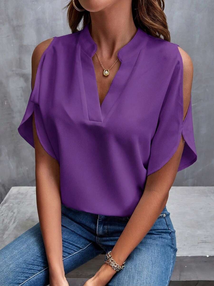 SHEIN Clasi 纯色露肩开衩袖白色衬衫 - 紫色 - 查看 1