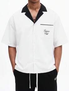 SUMWON Men's Short Sleeve Button Down Shirt With Contrast Black Collar And Chest Pocket Embroidered Logo Detail Summer Casual, Two Tone Shirt, Shirts For Men, Customise Shirt, Personalised Shirt, Customised Shirts - Black and White - View 1