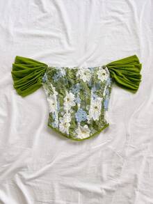Top con estampado de jacquard floral colorido y estilo vintage palaciego con botones y lazo en la espalda, elegante para vacaciones y citas.Crop top hombros descubiertos, tropical, ve - Multicolor - Ver 5