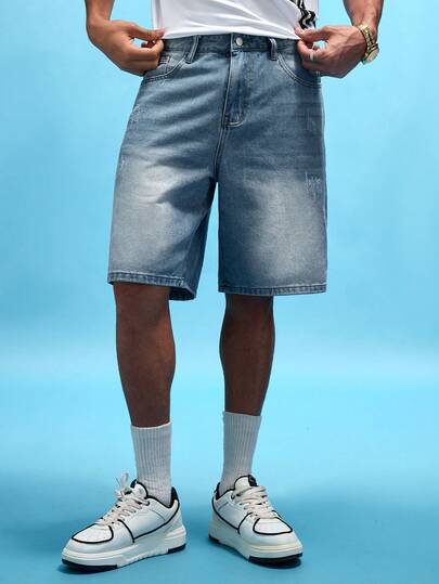 NobleFwd 男士宽松百慕大牛仔短裤，带口袋，休闲