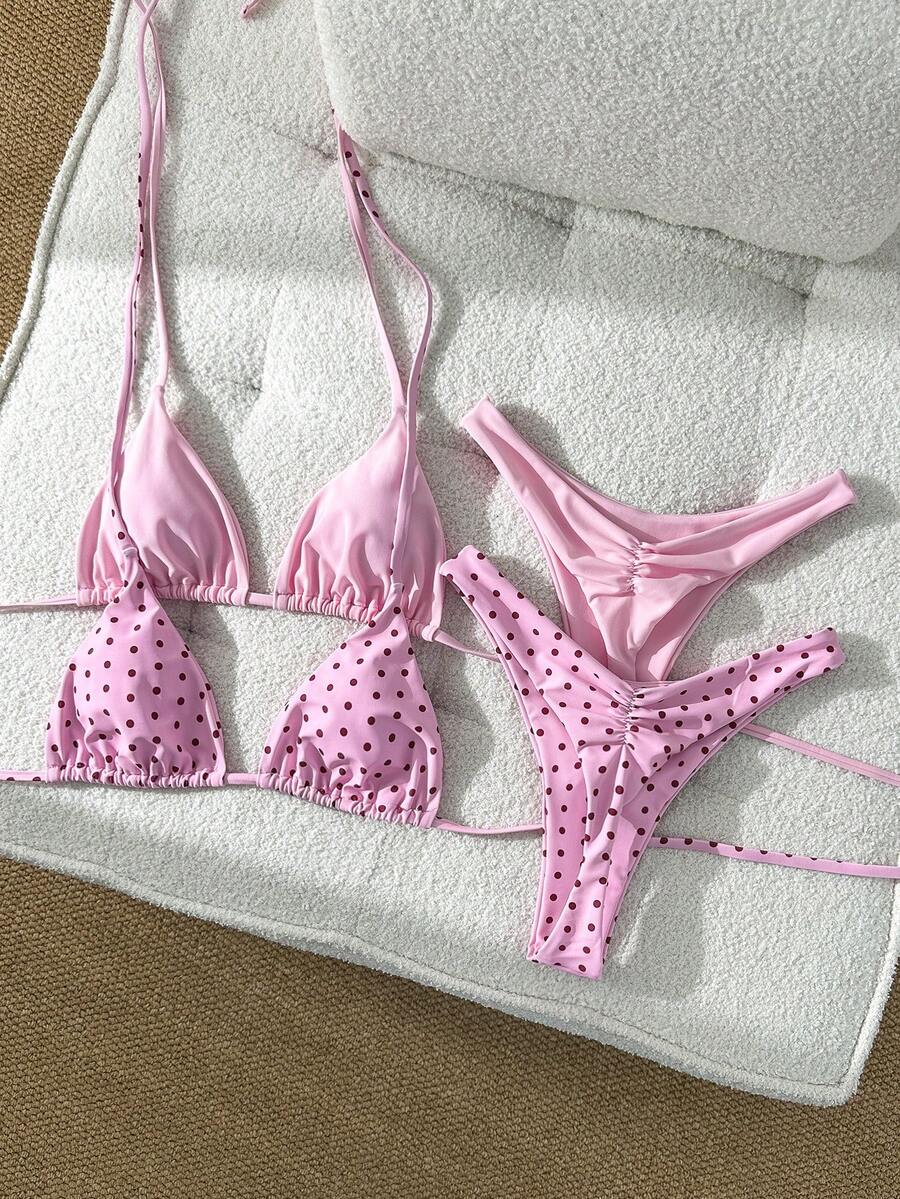 Swim Mod 4件套新款波点纯黑系带高衩比基尼泳装套装，沙滩度假女士比基尼套装，夏季新品 - 粉色 - 查看 1
