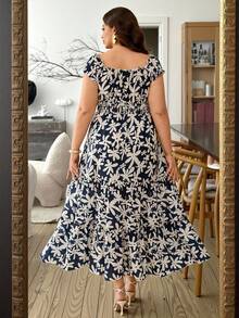 Ceyna Plus Size Colorful Print Casual Boho Vacation Multi-Tier Ruffle Hem Dress Latest Style For Women French Pure Cotton Navy Blue Summer - Multicolor - View 2