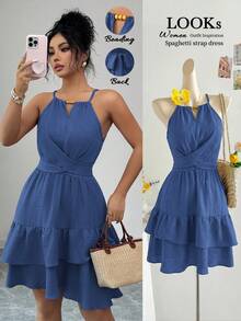 Elenzga Women's Spring/Summer Elegant Khaki Beaded Bow-Tie Sleeveless Fitted Flared Mini Dress Women Dress Best Selling Dresses Dress For Women Casual New Arrival Dress For Women - Blue - View 7