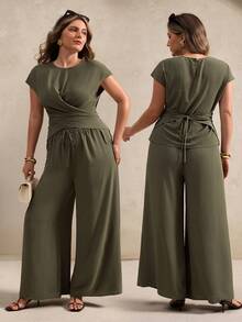SHEIN Privé Plus Size Women Spring/Summer Twist Knot Cinched Waist Elegant Suit - Army Green - View 5