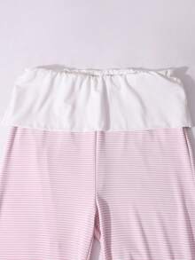 SHEIN Pantalon droit à rayures roses vives pour adolescentes, taille contrastée blanche, tissu super doux et confortable, convient pour l'école, les déplacements et les activités extérieures - Rose bonbon - Voir 5