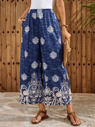 EMERY ROSE Women's Floral Print Elastic Waist Wide Leg Pants, Suitable For Vacation