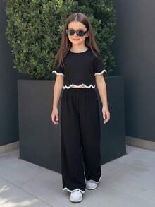 SHEIN 青少年女孩休閒日常百搭舒適修身圓領短袖T恤與長褲套裝 - 黑色 - 查看 8