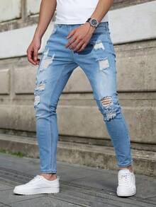 EGENSIO Plus Size Men's Light Wash Distressed Denim Jeans, Fashionable Streetwear Loose Fit Pants - Light Wash - View 10