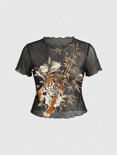 ROMWE Avant 新款中国风虎纹印花薄纱竹子植物性感网纱音乐节透视宽松上衣，适合大码女性