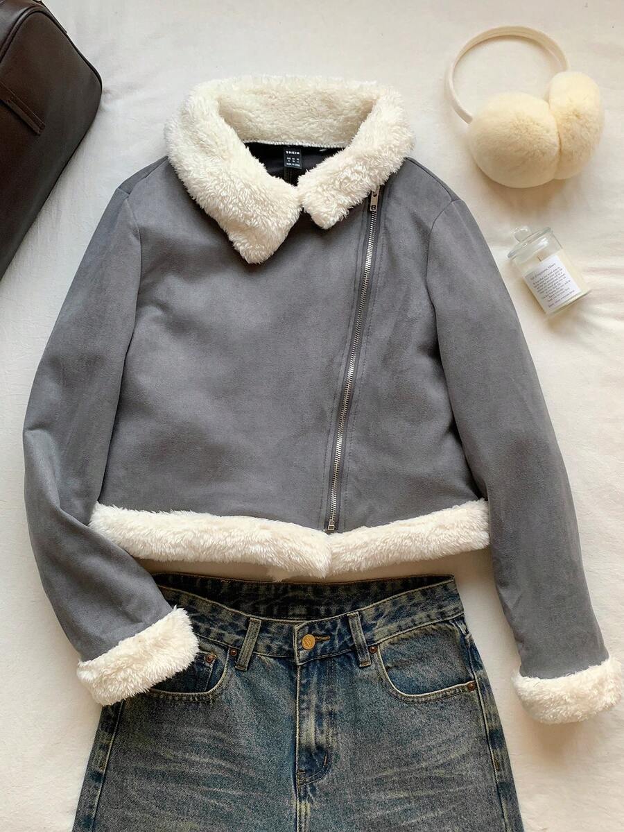 SHEIN EZwear 秋冬季女士泰迪绒内衬开襟麂皮夹克 - 深灰色 - 查看 1