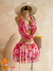 Soleia Women's Pink Tropical Floral Sunset Ombre Plunging Neckline Metal Buckle Blouse Multi-Layer Ruffle Mini Skirt 2-Piece Set,Summer Boho Beach Vacation - Multicolor - View 5