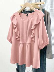 GlowEve CURVE Plus Size Women Solid Color Patchwork Ruffle Hem Loose Blouse - Pink - View 3