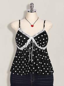 SHEIN ICON Plus Size Women's Black And White Polka Dot Contrast Lace Front Tie Camisole Date Night Summer 1950s Vintage - Black - View 6