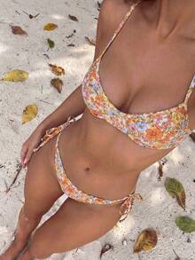 Sunnyshic Bộ bikini bên hông in hoa đi biển mùa hè dành cho nữ - Nhiều màu - Xem 1