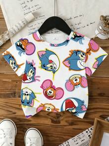 TOM & JERRY X SHEIN GraphicGems 少女短袖T恤，白色底色全印花卡通圖案，圓領短袖，適合夏季校園/戶外穿著 - 白色 - 查看 3