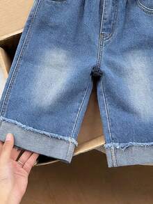 Baby Girls' Summer Washed Comfortable Loose Wide Leg Elastic Waist Straight Fit Mid-Blue Denim Jeans - Blue - View 6