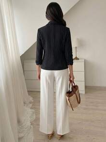 Elenzga Áo blazer nữ tay lỡ 3/4 cổ bẻ, eo thắt, chất liệu cotton kẻ sọc, kiểu dáng thường ngày. - màu đen - Xem 2