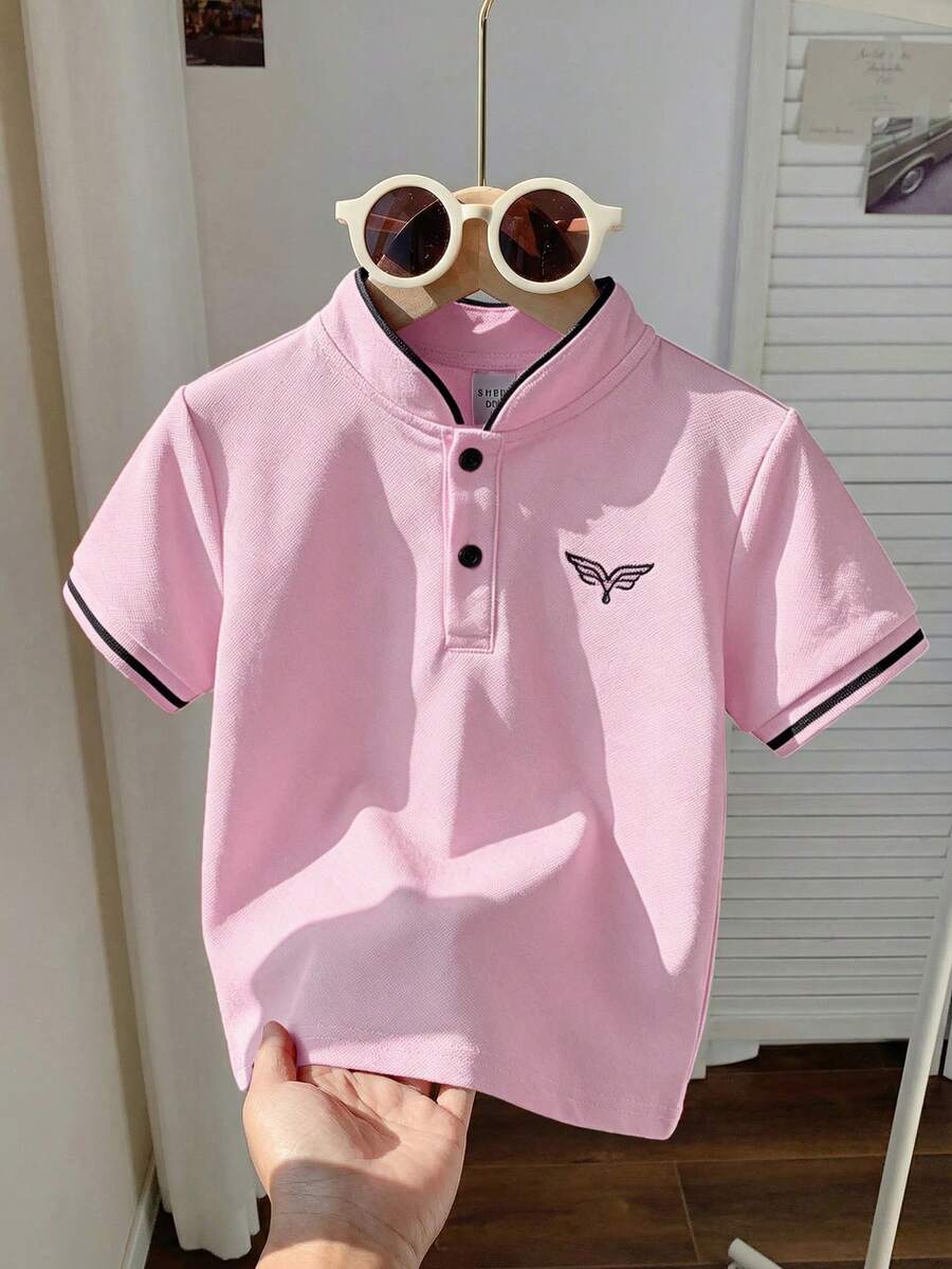 SHEIN 男婴舒适休闲日常学院风珍珠面料粉色领短袖polo衫T恤,适合室内、室外、日常、运动、玩耍、聚会、拍照、度假、春夏穿着。 - 粉色 - 查看 1