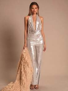 SHEIN Glamour 女士超低胸垂褶领口系带腰身性感露背喇叭裤连体裤 - 米色 - 查看 7