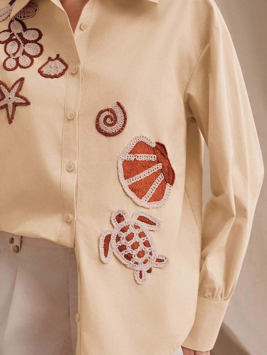 Anewsta Loose Women's Shirt With Beige Puff Sleeves And 3D Starfish Decor Vacation Autumn Elegant Tropical - Apricot - View 1