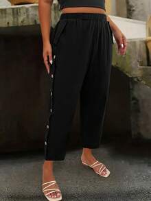SHEIN LUNE CURVE Pantalones casuales de lino con abertura lateral y decoración de botones de coco para mujer de talla grande - Negro - Ver 6