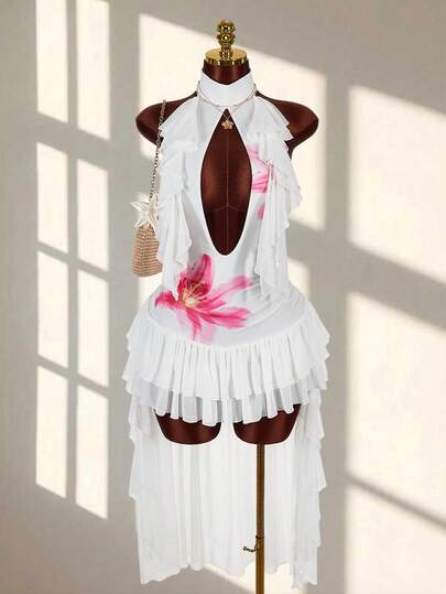 Amplova Vestido de mujer con diseño de volantes con estampado floral, parches y abertura, con escote halter y bajo asimétrico