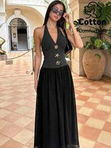 Lumalex Black White Polka Dot Halter Maxi Dress,Summer Elegant Party Day Party Night Gown,Deep V Neck Starfish Shell Embellished Chiffon Backless Dress - Black - View 5