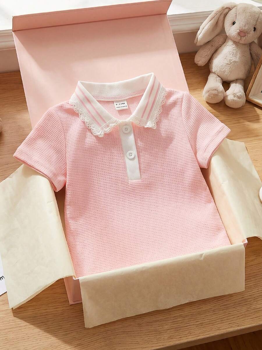 SHEIN Áo polo thường ngày cho bé gái với viền ren, dễ thương và ngọt ngào. - Hồng - Xem 1