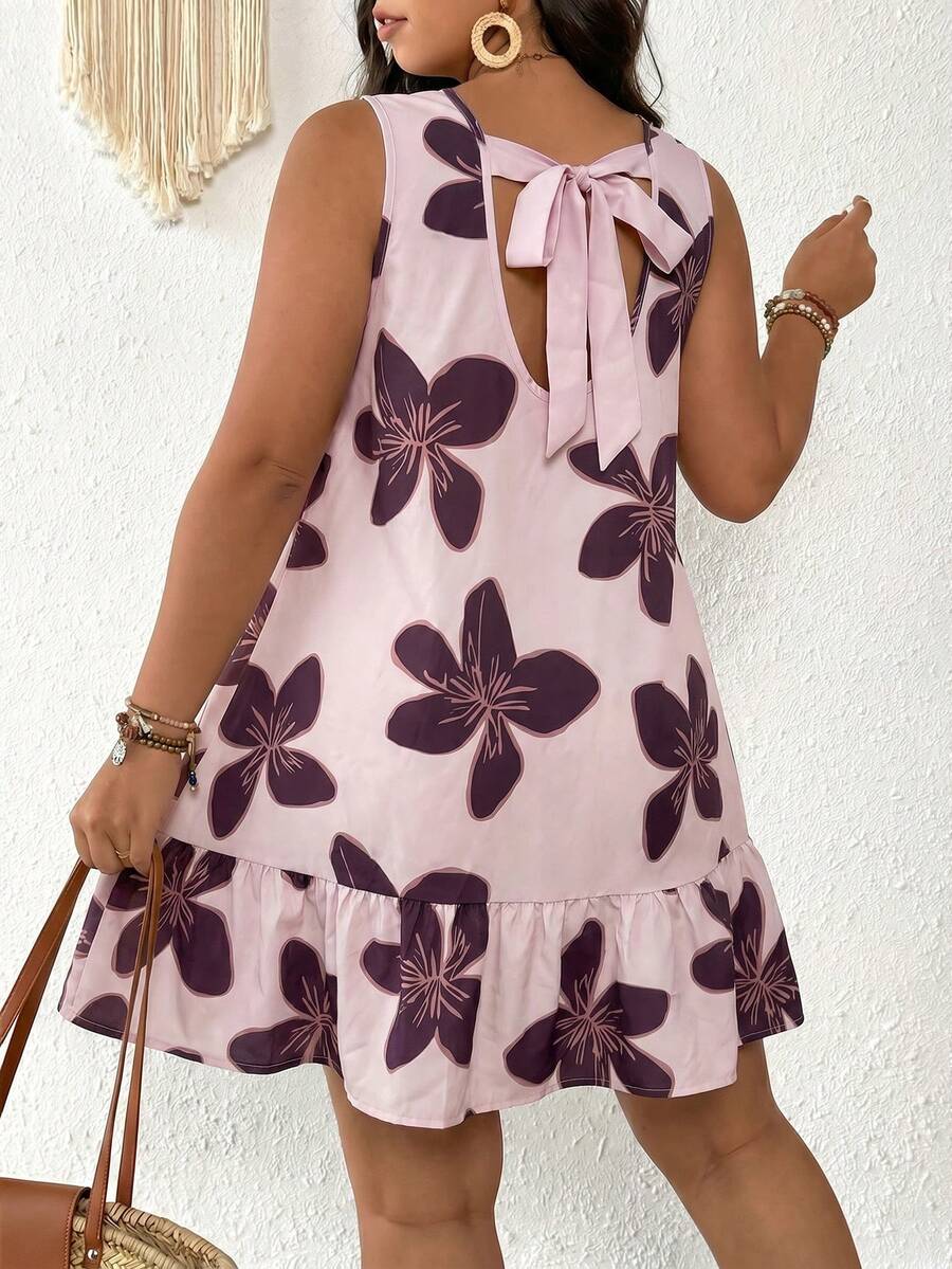 SHEIN Frenchy Plus Size Women Floral Print Backless Sleeveless Dress - Pink - View 1