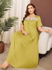 Lacomfia Plus Size Solid Color Short Sleeve Knit Casual Ruffle Hem Dress - Mustard Yellow - View 3