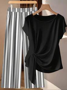 SHEIN VCAY Bộ đồ 2 món cỡ lớn họa tiết kẻ sọc giản dị, thích hợp cho mùa hè. - Nhiều màu - Xem 1