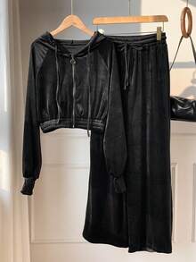 SHEIN EZwear Conjunto de 2 peças Feminino, Moletom Cropped Casual de Cor Sólida e Calça, Outono - Preto - Visão 6