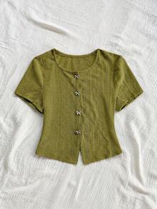 Soleia Women's Fashion Casual Mesh Embroidered Bow Button New Short Sleeve Top,Summer Top - Green - View 6
