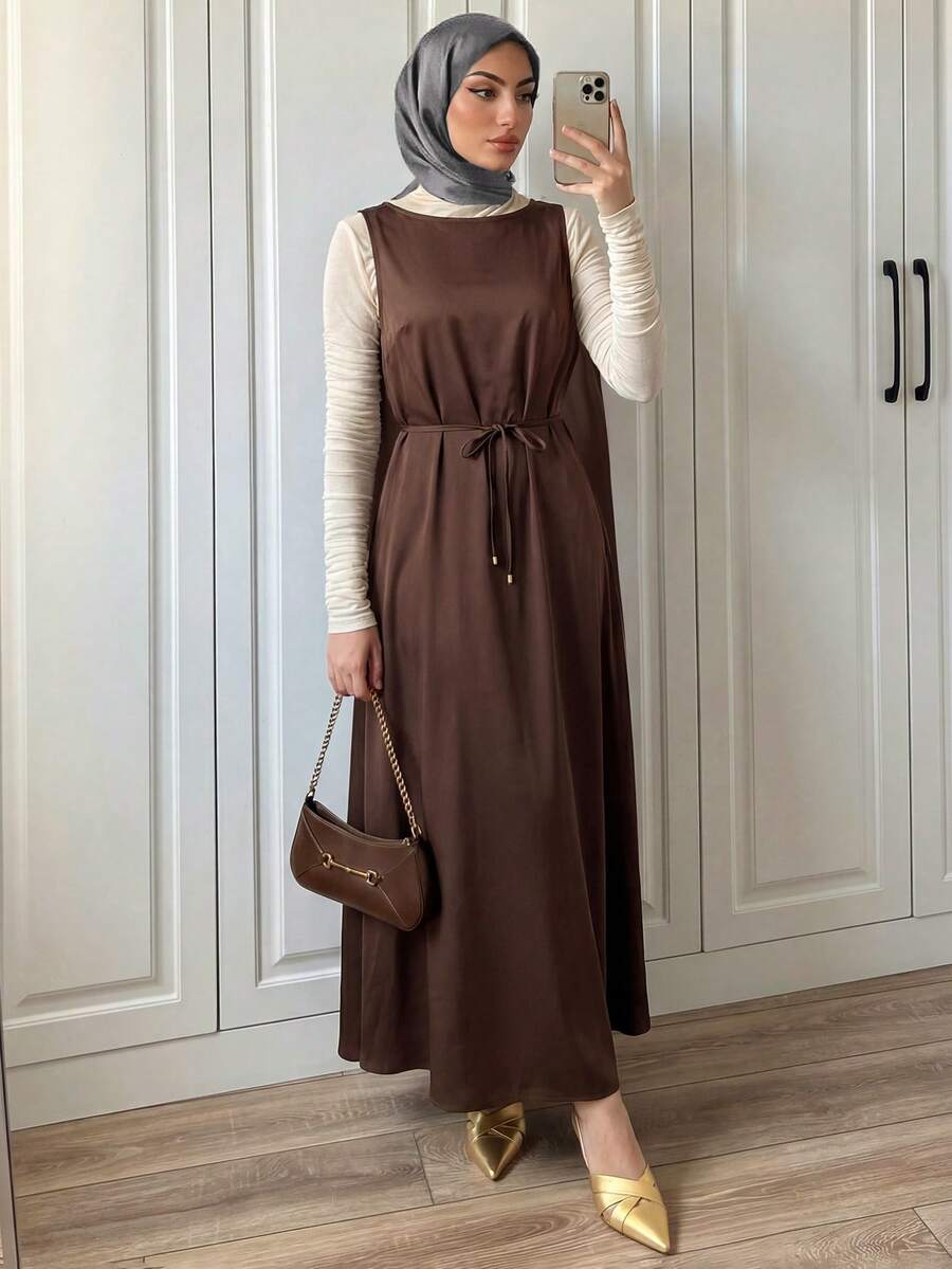 Elenzga Fashionable Elegant Round Neck Tie-Waist Fitted Women Dress - Brown - View 1