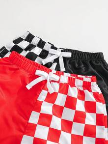 2pcs/Set Young Boy Casual Loose Fashionable Cute Classic Black & White Checkered Print Swim Trunks, Suitable For Spring/Summer Vacation & Beach - Multicolor - View 5