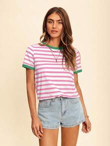 Casual Minimal Striped Pattern Round Neck Short Sleeve Loose T-Shirt For Women, Suitable For Summer - Multicolor - View 7