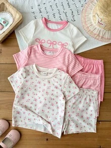 SHEIN 6件套女婴幼儿新生儿0-3岁春夏新款可爱兔子纯色条纹T恤短裤套装 - 彩色 - 查看 3