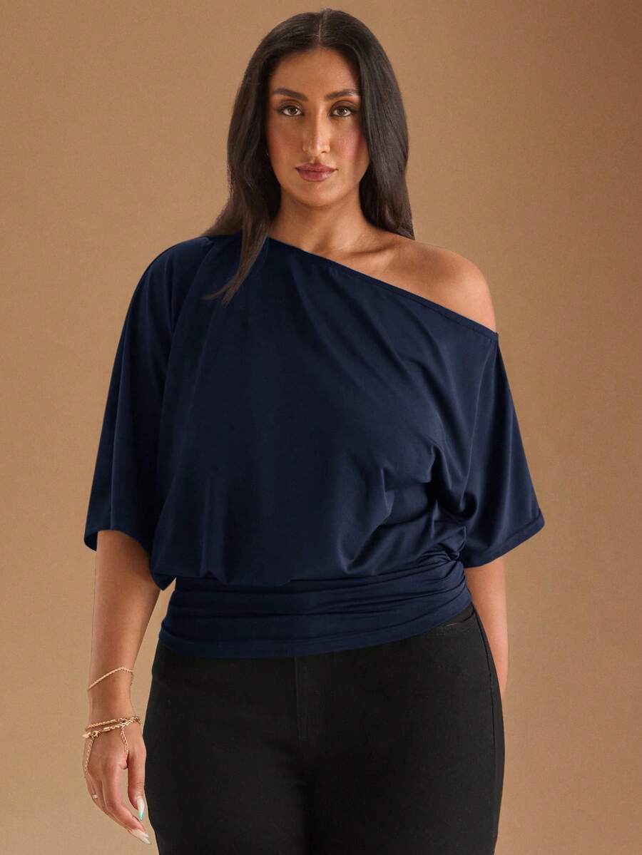 SHEIN BAE T-shirt asymétrique à épaule dénudée noir décontracté, polyvalent pour le port quotidien, les rendez-vous, le thé de l'après-midi, les sorties entre amis, toutes les occasions assorties - Bleu marine - Voir 1
