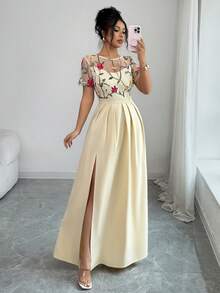 Selianne Đầm hè thanh lịch dành cho nữ với họa tiết thêu hoa hồng, chất liệu vải lưới, dáng chữ A, cổ tròn, tay ngắn, thích hợp cho các dịp thường ngày, đi biển, dự tiệc, mặc hàng ngày. - Màu be - Xem 4