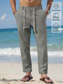 VENTUSAIL Pantalones largos entubados de lino para hombre, cintura con cordón, color liso, frescos, para salir, otoño, vacaciones - Gris - Ver 3