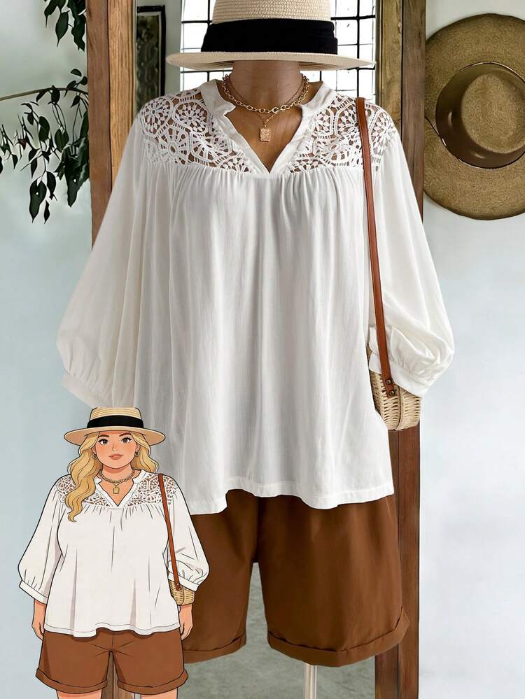 Plus Size Summer Minimalist Patchwork Lace Lantern Sleeve Top And Shorts 2 Pieces Set,Summer Outfits For Women Zoo Outfits Women Zoey Outfit Zip Up Top Zipper Top