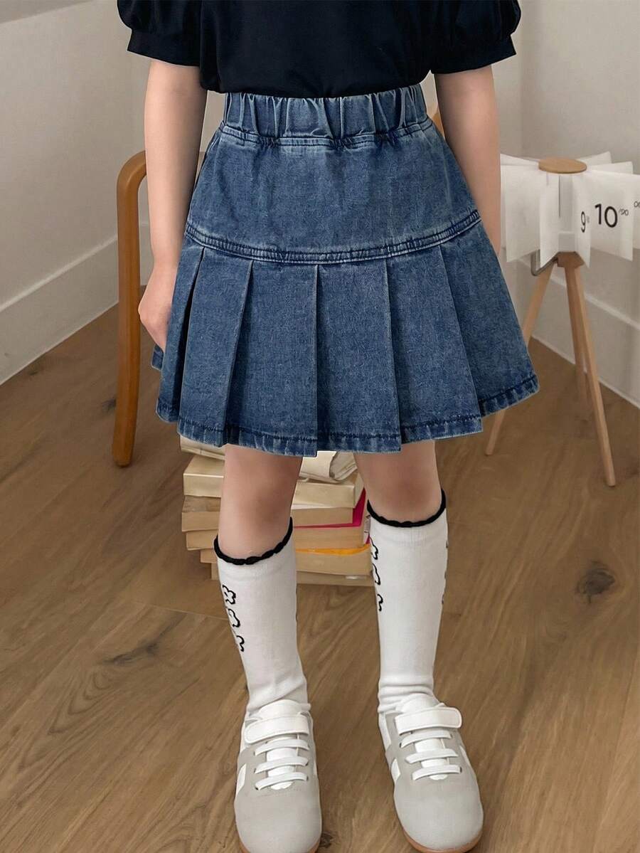 Dazy Kids 少女夏季松紧腰休闲百褶牛仔迷你裙 - 中等水洗藍 - 查看 1
