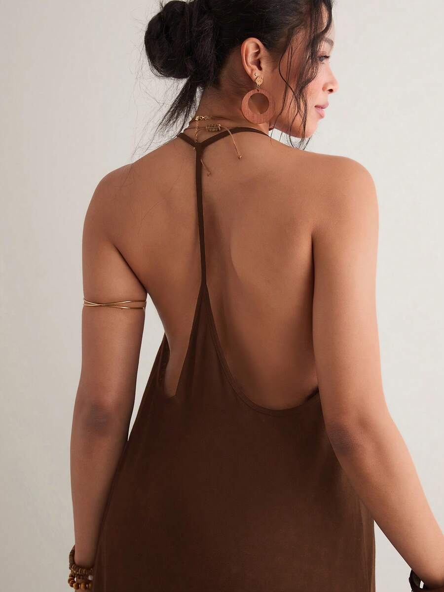 Freevana Plus Size Solid Color Spaghetti Strap Backless Casual Loose Summer Dress - Coffee Brown - View 1